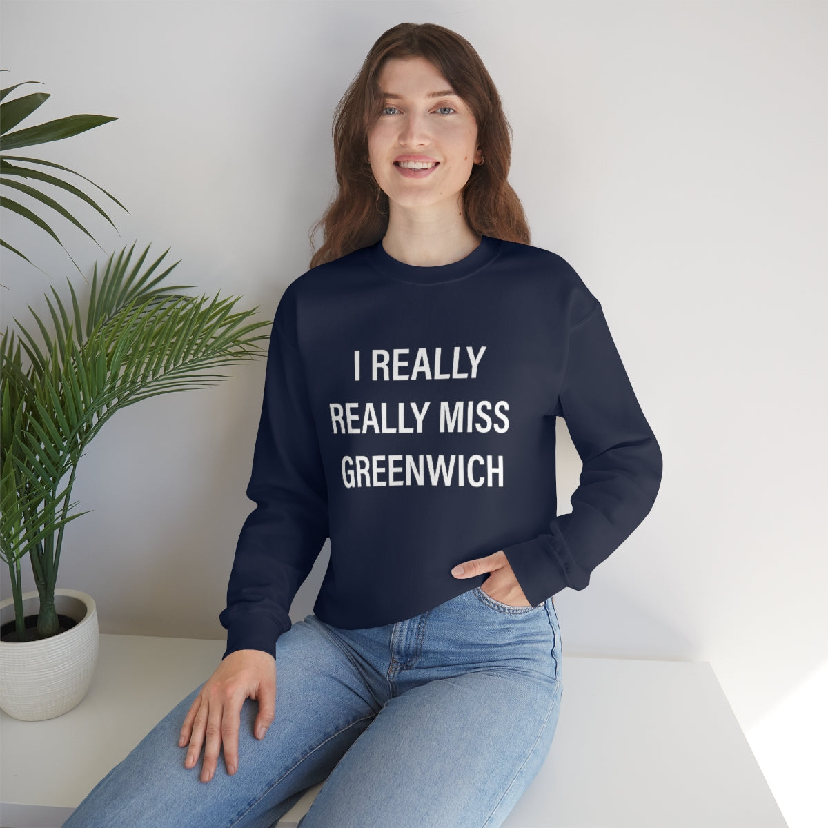 I Really Really Miss Greenwich Unisex Heavy Blend™ Crewneck Sweatshirt- White Print