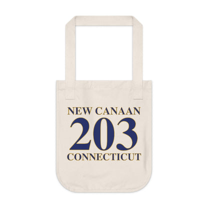 New Canaan 203 Connecticut Organic Canvas Tote Bag  The 203 New Canaan Collection. Show off New Canaan and Connecticut at the same time. Colors were inspired by the Connecticut state flag.   Proceeds help build Finding New Canaan and Finding Connecticut's brand. 