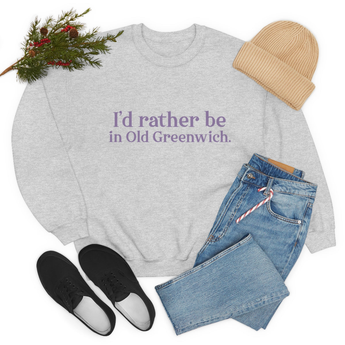 I'd rather be in Old Greenwich. Unisex Heavy Blend™ Crewneck Sweatshirt - Purple Print