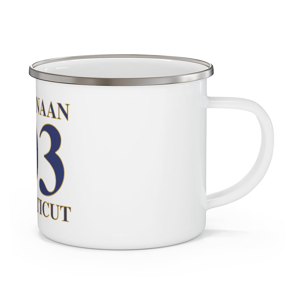 New Canaan 203 Connecticut Enamel Camping Mug  The 203 New Canaan Collection. Show off New Canaan and Connecticut at the same time. Colors were inspired by the Connecticut state flag.   Proceeds help build Finding New Canaan and Finding Connecticut's brand.  