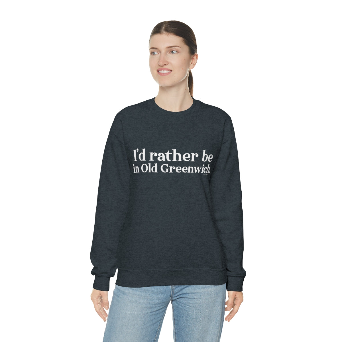 I'd rather be in Old Greenwich. Unisex Heavy Blend™ Crewneck Sweatshirt - White Print