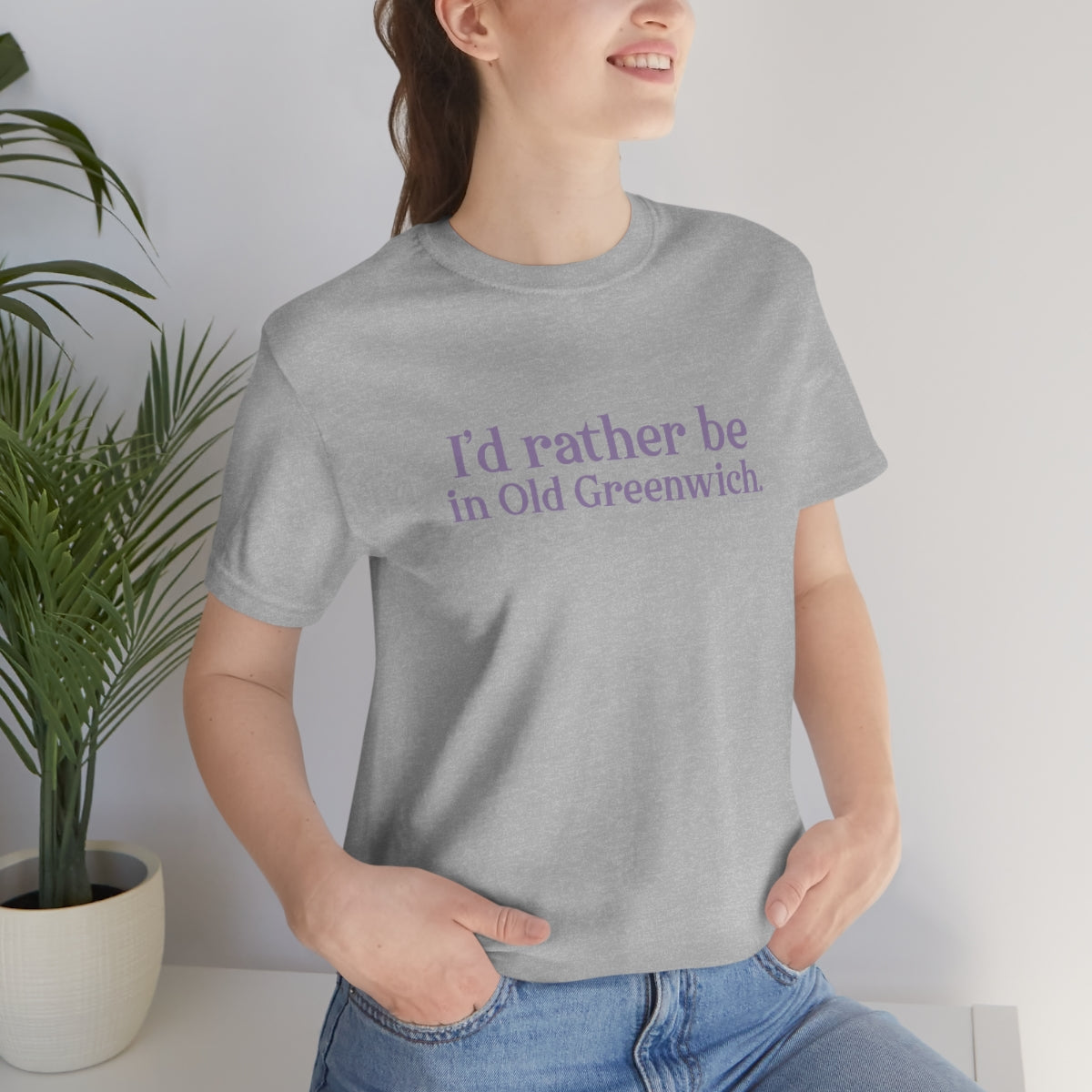 I'd rather be in Old Greenwich. Unisex Jersey Short Sleeve Tee - Purple Print