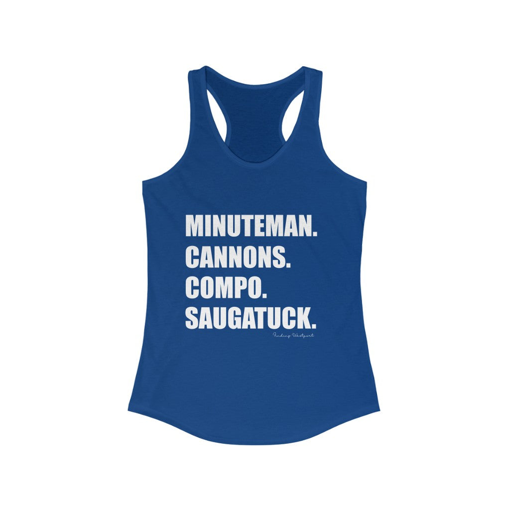 Minuteman. Cannons. Compo. Saugatuck. Women's Ideal Racerback Tank  How do you say Westport without saying Westport? Westport, Connecticut is filled with unique aspects. Each providing different elements that make up the town from historic to modern traditions. Minuteman. Cannons. Compo. Saugatuck. You know its Westport.   Proceeds of this collection goes to help build Finding Westport and Finding Connecticut's  brands. 