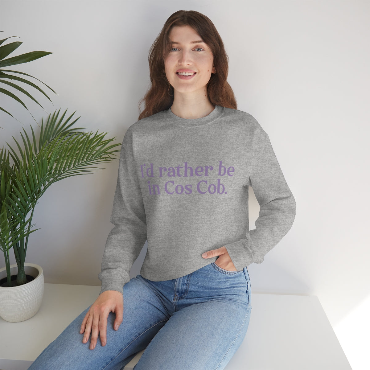 I'd rather be in Cos Cob. Unisex Heavy Blend™ Crewneck Sweatshirt - Purple Print