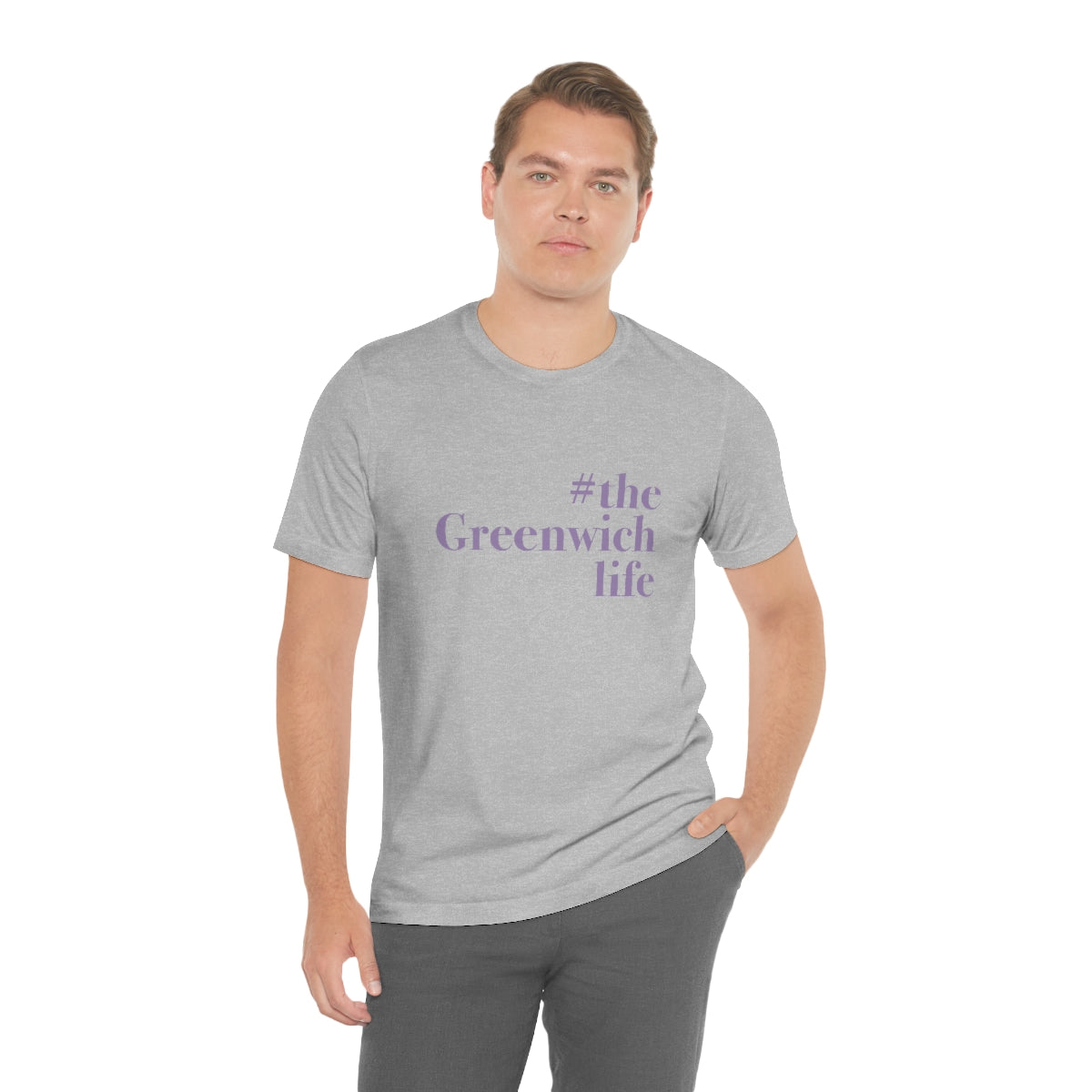 #thegreenwichlife Unisex Jersey Short Sleeve Tee (purple print)