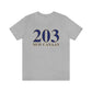 203 New Canaan Unisex Jersey Short Sleeve Tee  The 203 New Canaan Collection. Show off New Canaan and Connecticut at the same time. Colors were inspired by the Connecticut state flag.   Proceeds help build Finding New Canaan and Finding Connecticut's brand. 