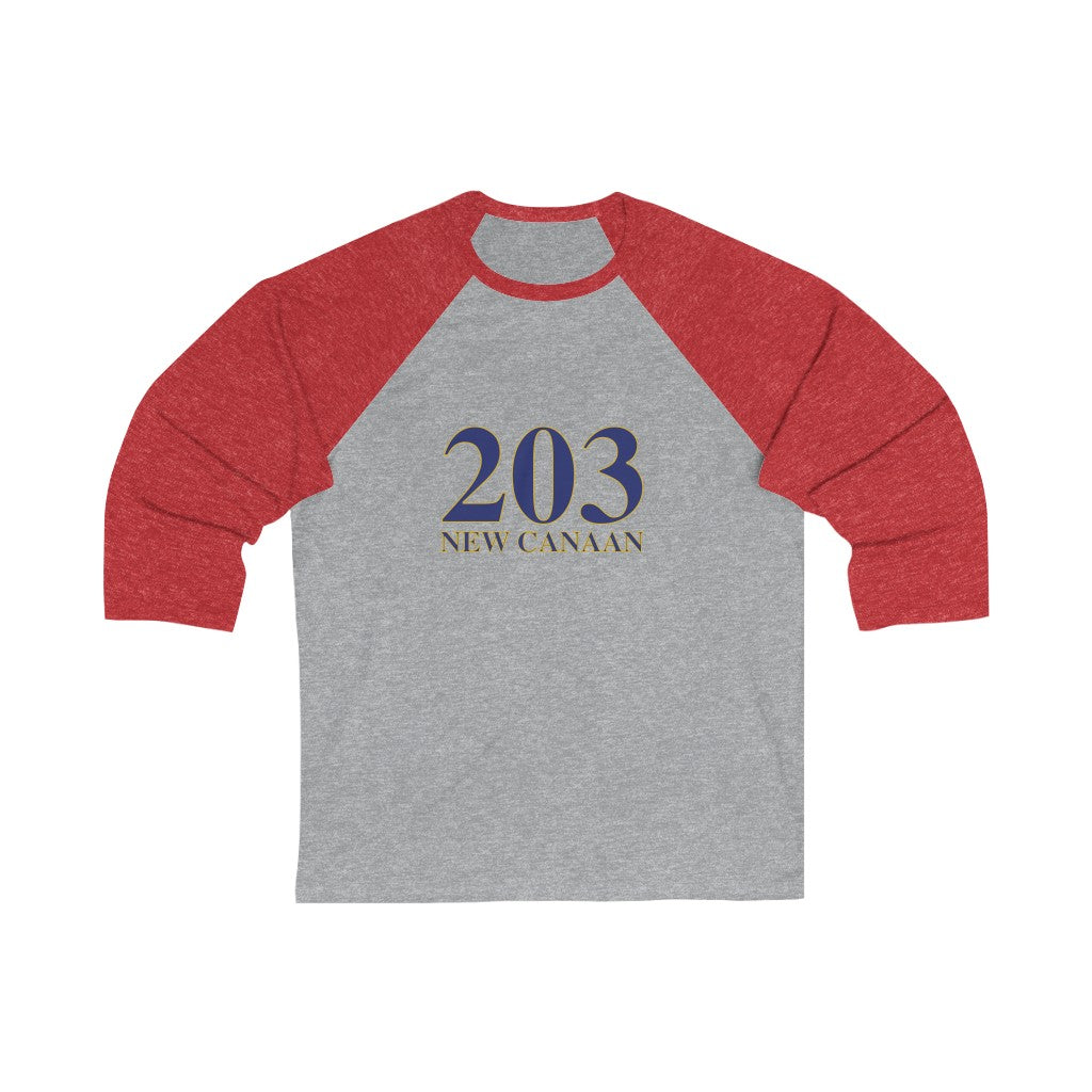 203 New Canaan Unisex 3/4 Sleeve Baseball Tee  The 203 New Canaan Collection. Show off New Canaan and Connecticut at the same time. Colors were inspired by the Connecticut state flag.   Proceeds help build Finding New Canaan and Finding Connecticut's brand. 