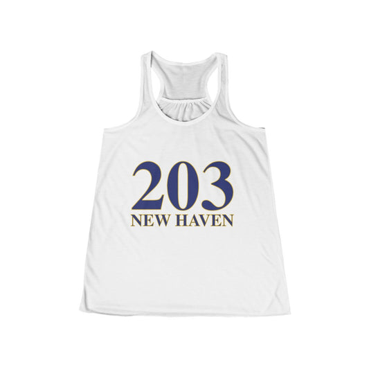 203 New Haven Women's Flowy Racerback Tank 203 New Haven Collection. Inspired by the Connecticut flag and the 203! Show off for your pride for Connecticut and New Haven!   Proceeds of this collection go to help build Finding Connecticut’s website and brand. • Free USA shipping   Click here to go to our home page 
