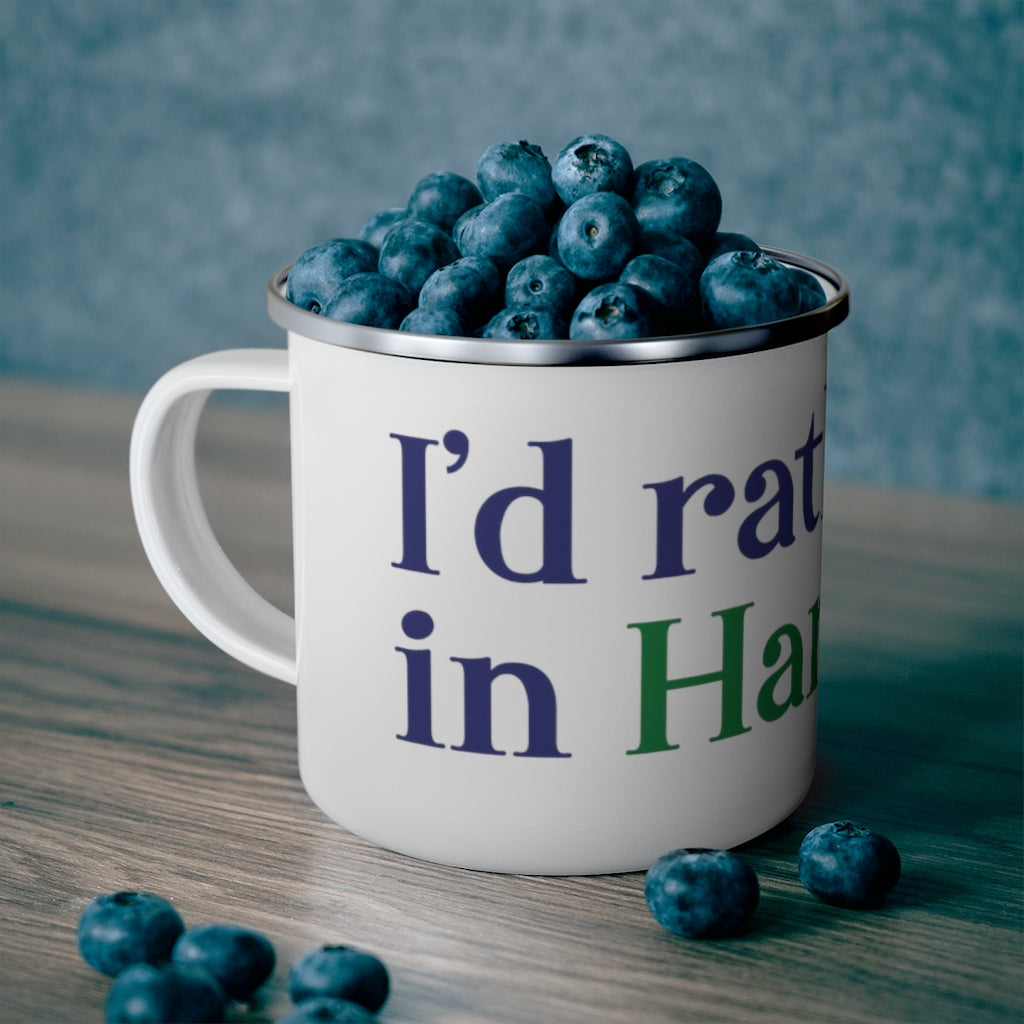 I’d rather be in Hartford Enamel Camping Mug   Proceeds of this collection go to help build Finding Connecticut’s website and brand. • Free USA shipping.   Click here to go to our home page 