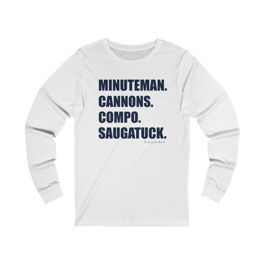 Westport connecticut shirt. Minuteman. Cannons. Compo. Saugatuck. Unisex Jersey Short Sleeve Tee  How do you say Westport without saying Westport? Westport, Connecticut is filled with unique aspects. Each providing different elements that make up the town from historic to modern traditions. Minuteman. Cannons. Compo. Saugatuck. You know its Westport.   Proceeds of this collection goes to help build Finding Westport and Finding Connecticut's  brands. 