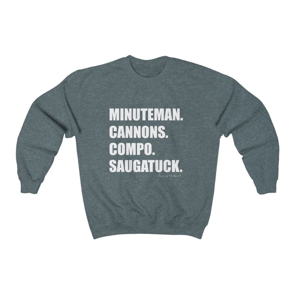 Minuteman. Cannons. Compo. Saugatuck. Unisex Heavy Blend Crewneck Sweatshirt  How do you say Westport without saying Westport? Westport, Connecticut is filled with unique aspects. Each providing different elements that make up the town from historic to modern traditions. Minuteman. Cannons. Compo. Saugatuck. You know its Westport.   Proceeds of this collection goes to help build Finding Westport and Finding Connecticut's  brands. 