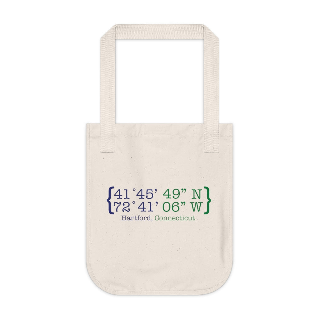 Hartford Coordinates Organic Canvas Tote Bag  Proceeds help grow Finding Connecticut's website and brand.   Click here to return to our home page. 