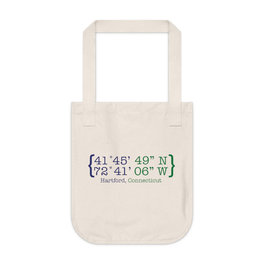 Hartford Coordinates Organic Canvas Tote Bag  Proceeds help grow Finding Connecticut's website and brand.   Click here to return to our home page. 