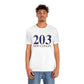 203 New Canaan Unisex Jersey Short Sleeve Tee  The 203 New Canaan Collection. Show off New Canaan and Connecticut at the same time. Colors were inspired by the Connecticut state flag.   Proceeds help build Finding New Canaan and Finding Connecticut's brand. 