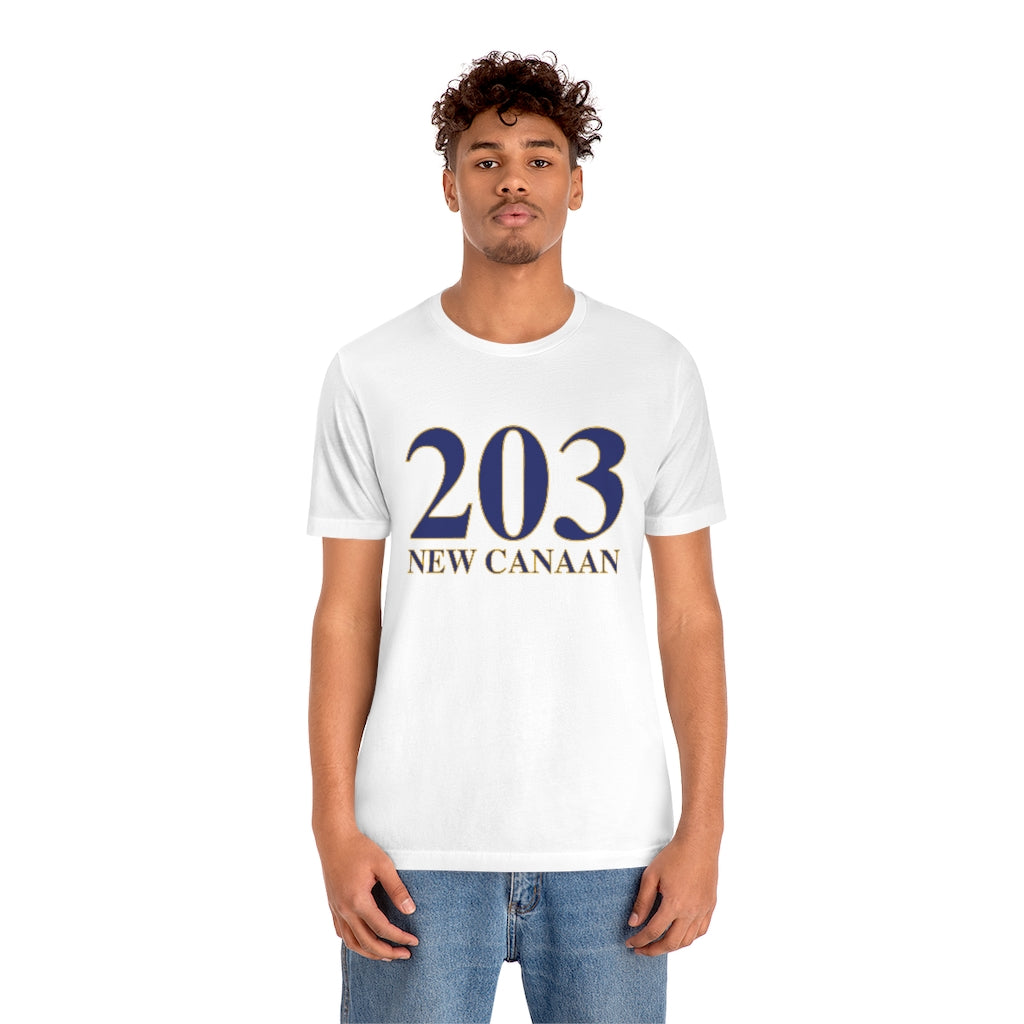 203 New Canaan Unisex Jersey Short Sleeve Tee  The 203 New Canaan Collection. Show off New Canaan and Connecticut at the same time. Colors were inspired by the Connecticut state flag.   Proceeds help build Finding New Canaan and Finding Connecticut's brand. 