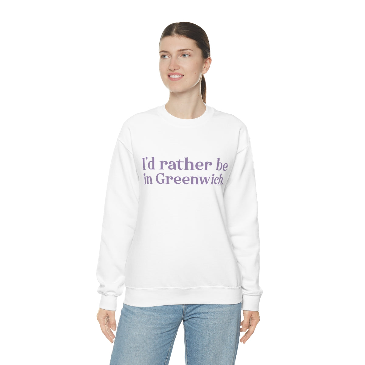 I'd rather be in Greenwich. Unisex Heavy Blend™ Crewneck Sweatshirt - Purple Print