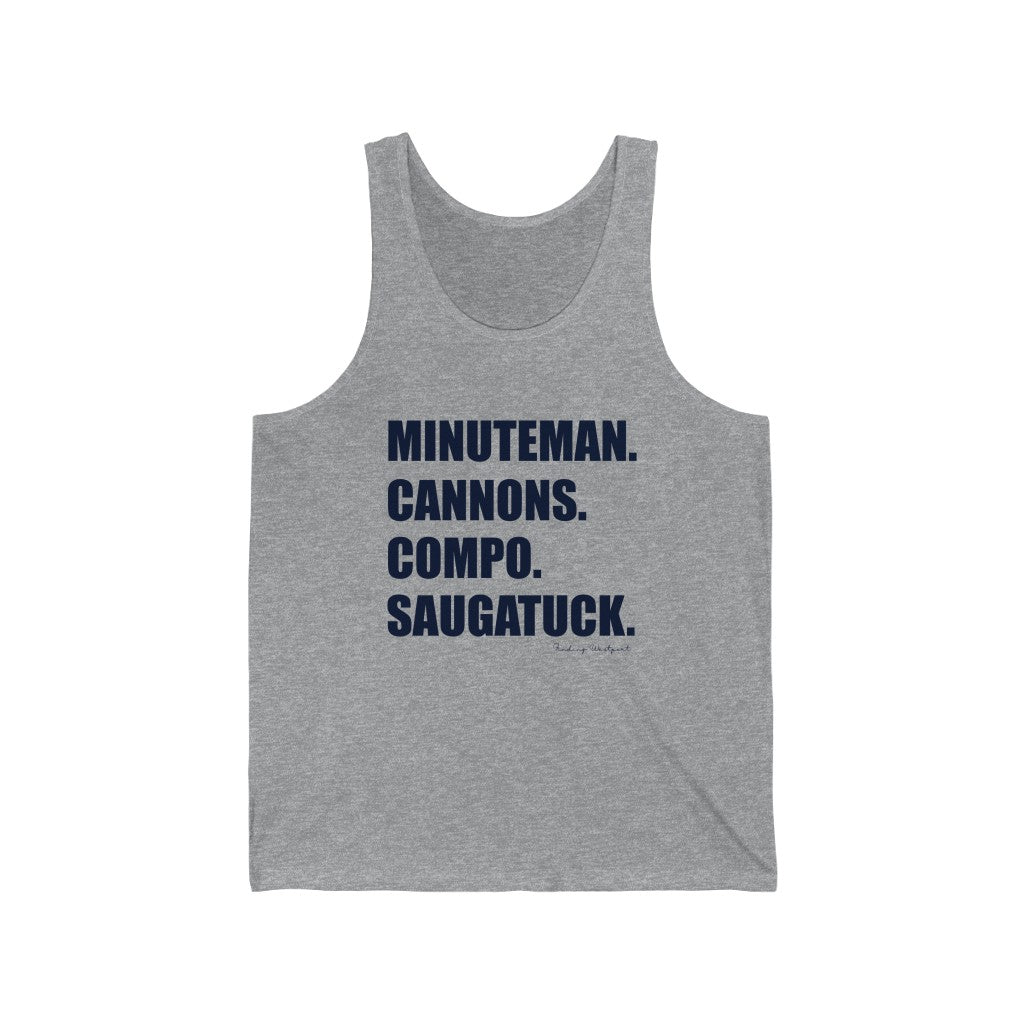 Minuteman. Cannons. Compo. Saugatuck. Unisex Jersey Tank  How do you say Westport without saying Westport? Westport, Connecticut is filled with unique aspects. Each providing different elements that make up the town from historic to modern traditions. Minuteman. Cannons. Compo. Saugatuck. You know its Westport.   Proceeds of this collection goes to help build Finding Westport and Finding Connecticut's  brands. 