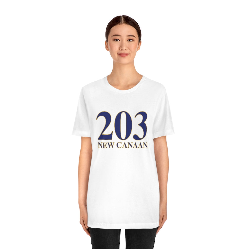 203 New Canaan Unisex Jersey Short Sleeve Tee  The 203 New Canaan Collection. Show off New Canaan and Connecticut at the same time. Colors were inspired by the Connecticut state flag.   Proceeds help build Finding New Canaan and Finding Connecticut's brand. 