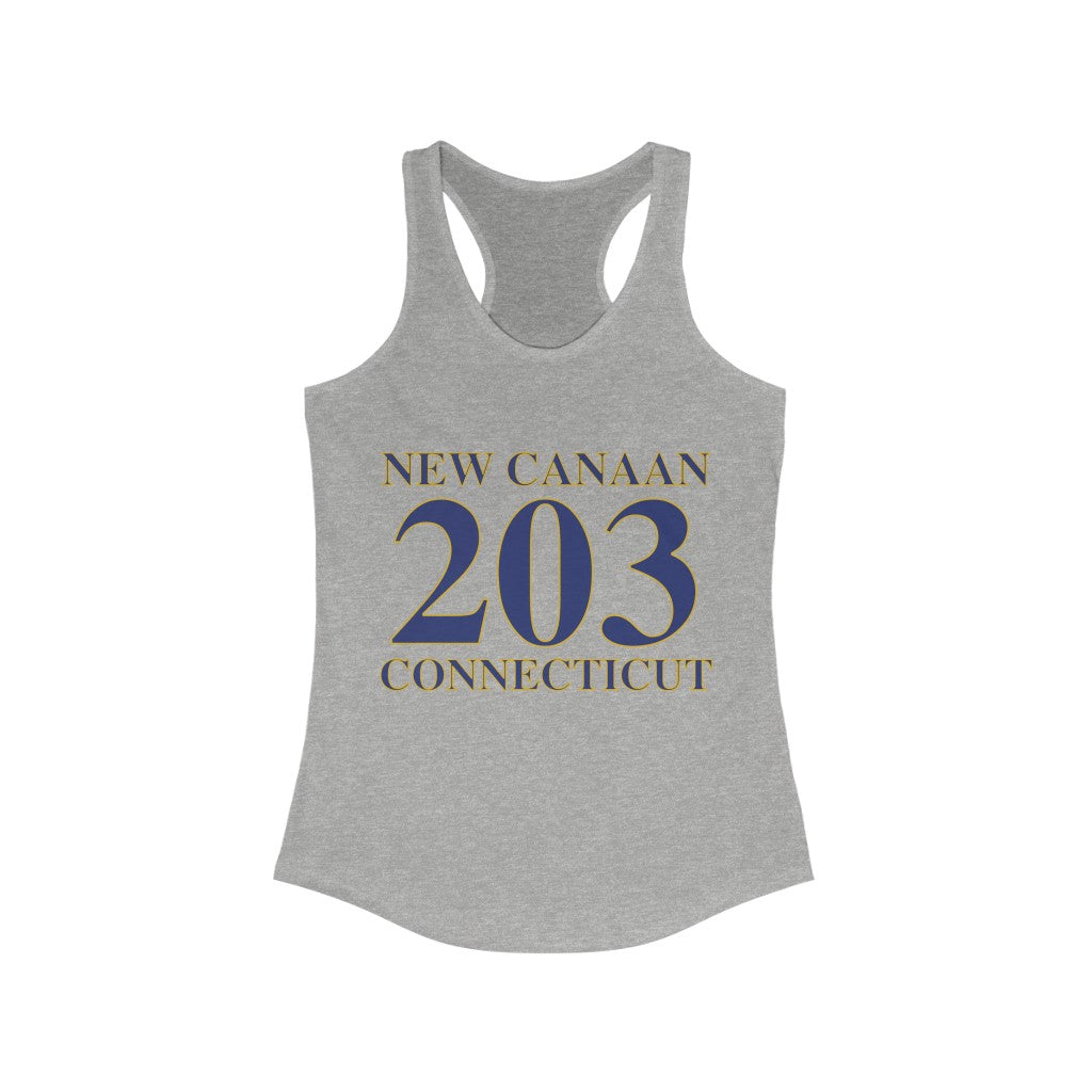 New Canaan 203 Connecticut Women's Ideal Racerback Tank  The 203 New Canaan Collection. Show off New Canaan and Connecticut at the same time. Colors were inspired by the Connecticut state flag.   Proceeds help build Finding New Canaan and Finding Connecticut's brand. 