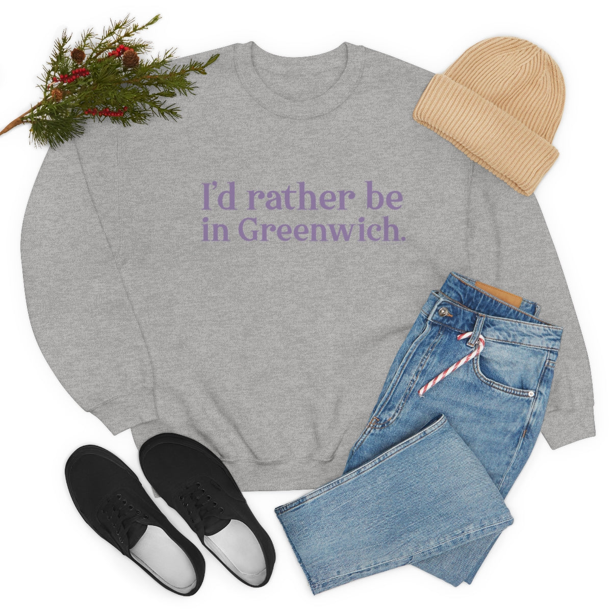 I'd rather be in Greenwich. Unisex Heavy Blend™ Crewneck Sweatshirt - Purple Print