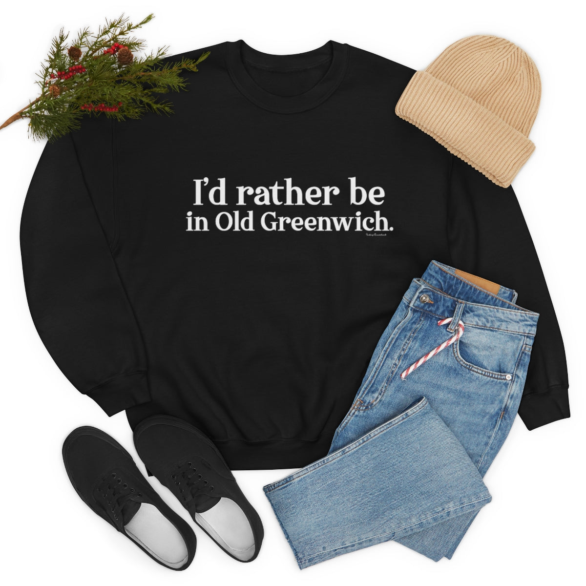 I'd rather be in Old Greenwich. Unisex Heavy Blend™ Crewneck Sweatshirt - White Print