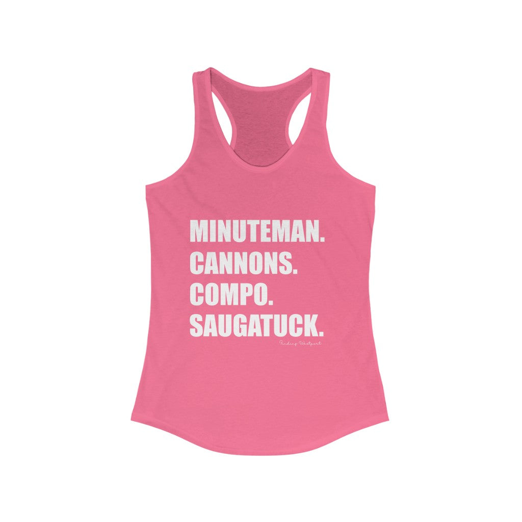 Minuteman. Cannons. Compo. Saugatuck. Women's Ideal Racerback Tank  How do you say Westport without saying Westport? Westport, Connecticut is filled with unique aspects. Each providing different elements that make up the town from historic to modern traditions. Minuteman. Cannons. Compo. Saugatuck. You know its Westport.   Proceeds of this collection goes to help build Finding Westport and Finding Connecticut's  brands. 