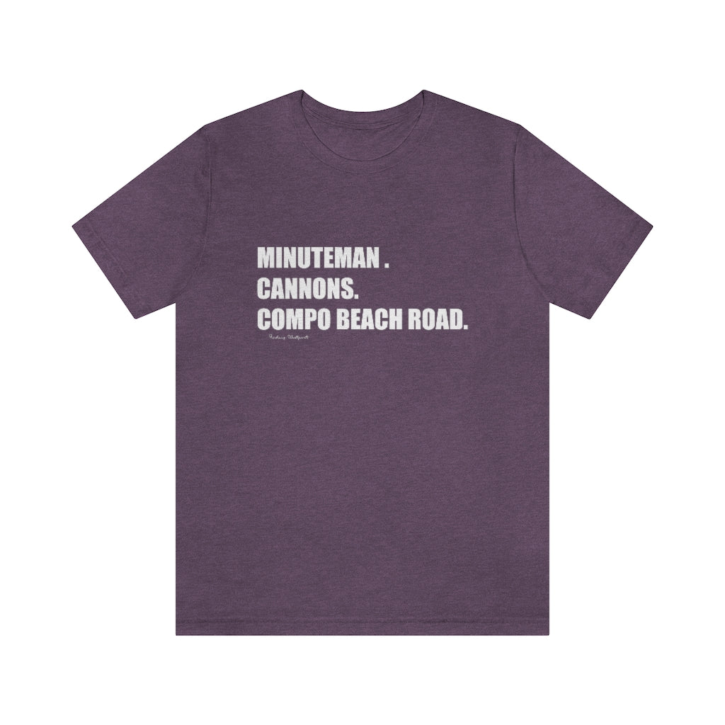 Minuteman. Cannons. Compo Beach Road. Unisex Jersey Short Sleeve Tee  How do you say Westport without saying Westport? Westport, Connecticut is filled with unique aspects. Each providing different elements that make up the town from historic to modern traditions. Minuteman. Cannons. Compo Beach Road. You know its Westport.   Proceeds of this collection goes to help build Finding Westport and Finding Connecticut's  brands. 