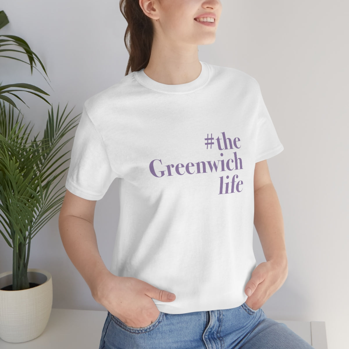 #thegreenwichlife Unisex Jersey Short Sleeve Tee (purple print)