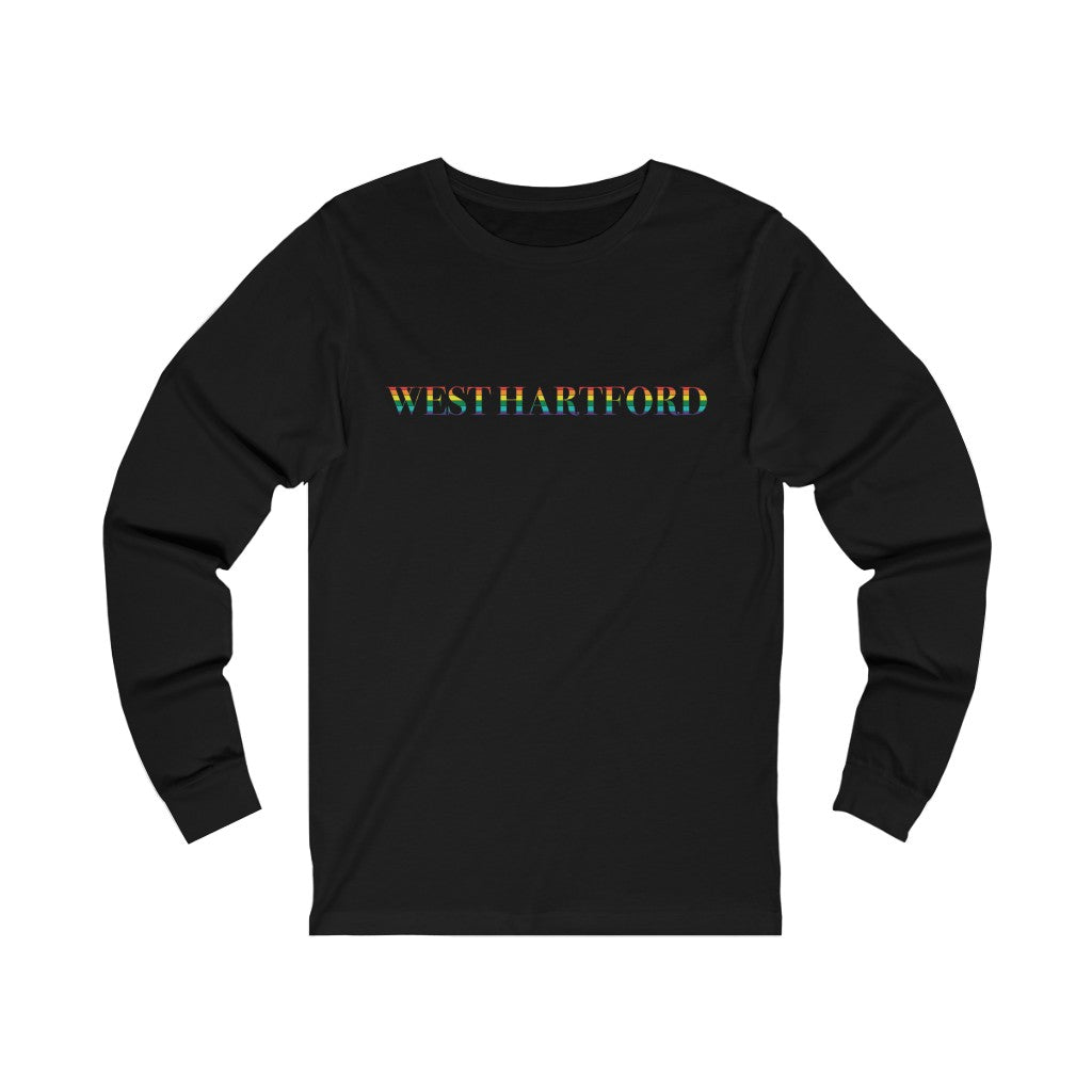 West Hartford Rainbow long sleeve tee.  West Hartford Connecticut tee shirts, hoodies sweatshirts, mugs, other apparel, home gifts, and souvenirs.  10% of the Proceeds of this collection will be donated to a Connecticut LGBTQ organization. Free USA shipping. 