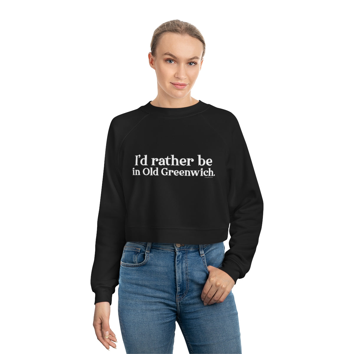 I'd rather be in Old Greenwich. Women's Cropped Fleece Pullover - White Print