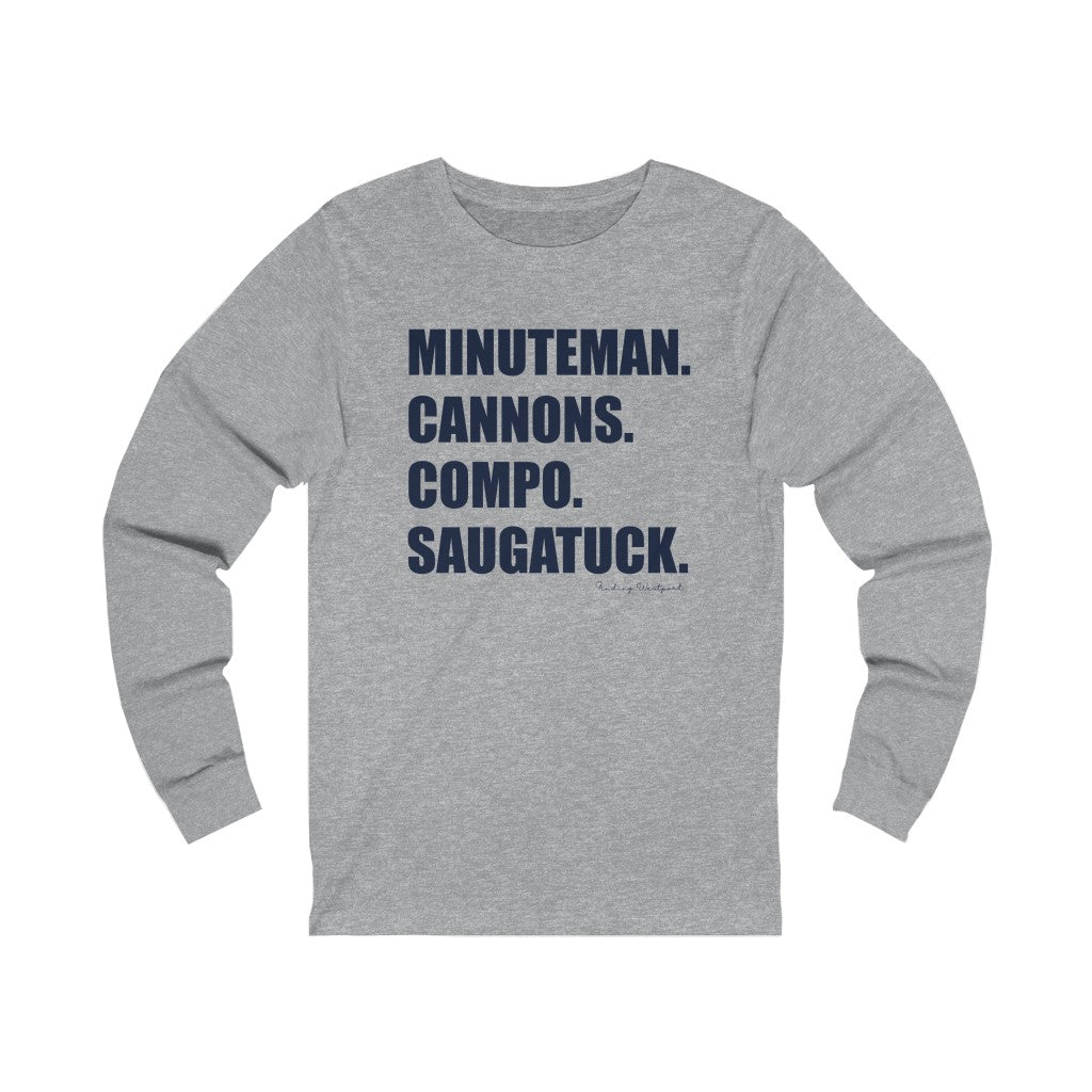 Minuteman. Cannons. Compo. Saugatuck. Unisex Jersey Short Sleeve Tee  How do you say Westport without saying Westport? Westport, Connecticut is filled with unique aspects. Each providing different elements that make up the town from historic to modern traditions. Minuteman. Cannons. Compo. Saugatuck. You know its Westport.   Proceeds of this collection goes to help build Finding Westport and Finding Connecticut's  brands. 