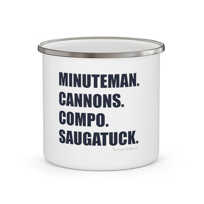 Minuteman. Cannons. Compo. Saugatuck. Enamel Camping Mug.   How do you say Westport without saying Westport? Westport, Connecticut is filled with unique aspects. Each providing different elements that make up the town from historic to modern traditions. Minuteman. Cannons. Compo. Saugatuck. You know its Westport.   Proceeds of this collection goes to help build Finding Westport and Finding Connecticut's  brands. 