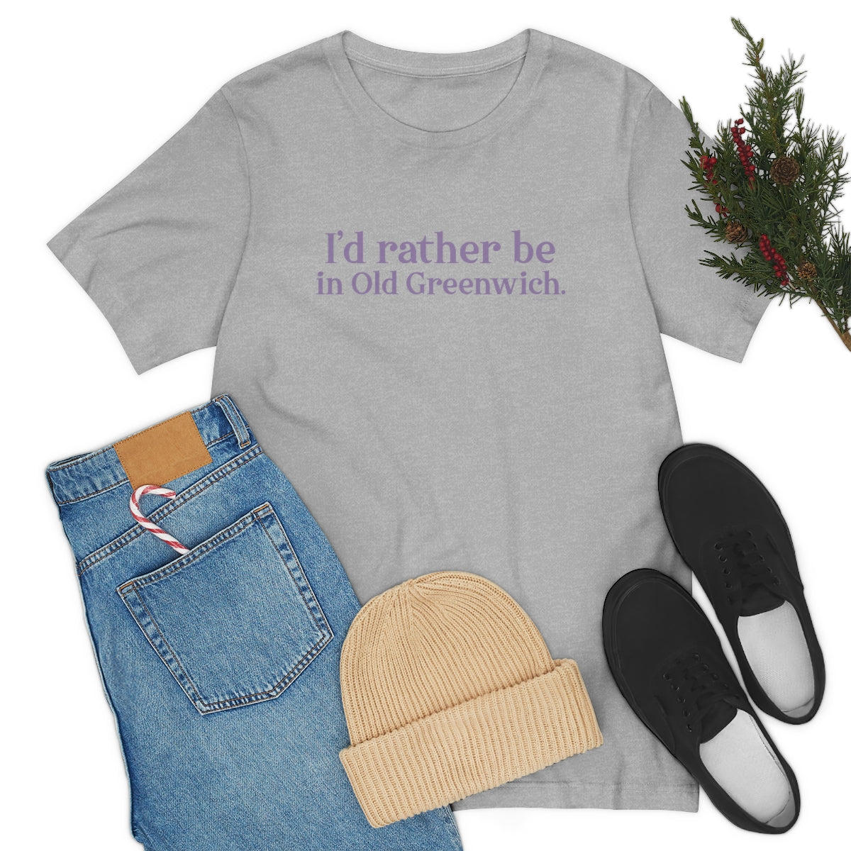 I'd rather be in Old Greenwich. Unisex Jersey Short Sleeve Tee - Purple Print