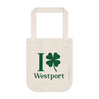 westport connecticut st patricks day tote bag, i clover westport. 