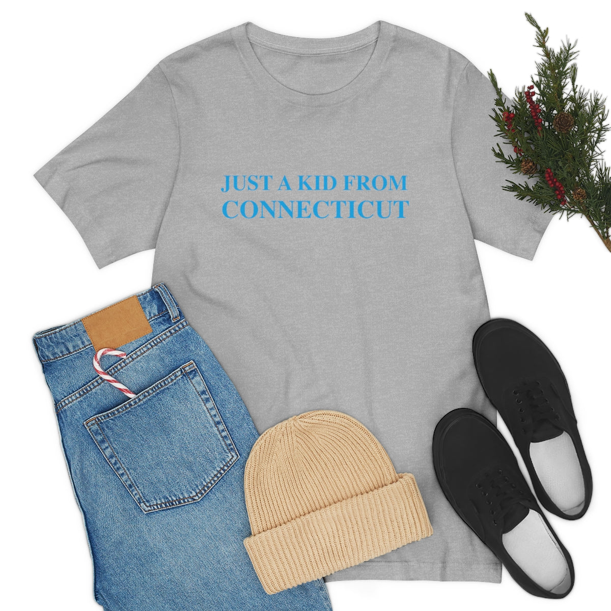 Just a kid from Connecticut Unisex Jersey Short Sleeve Tee - Blue Font