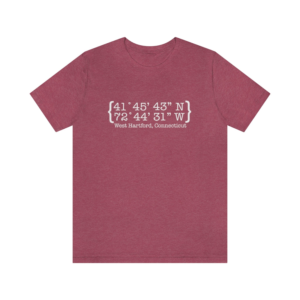 West Hartford Coordinates tee shirt.  West Hartford Connecticut tee shirts, hoodies sweatshirts, mugs, other apparel, home gifts, and souvenirs. Proceeds of this collection go to help Finding Connecticut’s brand. Free USA shipping. 