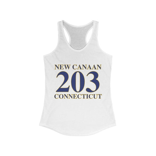 New Canaan 203 Connecticut Women's Ideal Racerback Tank  The 203 New Canaan Collection. Show off New Canaan and Connecticut at the same time. Colors were inspired by the Connecticut state flag.   Proceeds help build Finding New Canaan and Finding Connecticut's brand. 