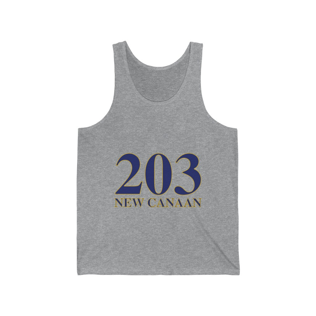 203 New Canaan Unisex Jersey Tank  The 203 New Canaan Collection. Show off New Canaan and Connecticut at the same time. Colors were inspired by the Connecticut state flag.   Proceeds help build Finding New Canaan and Finding Connecticut's brand.  