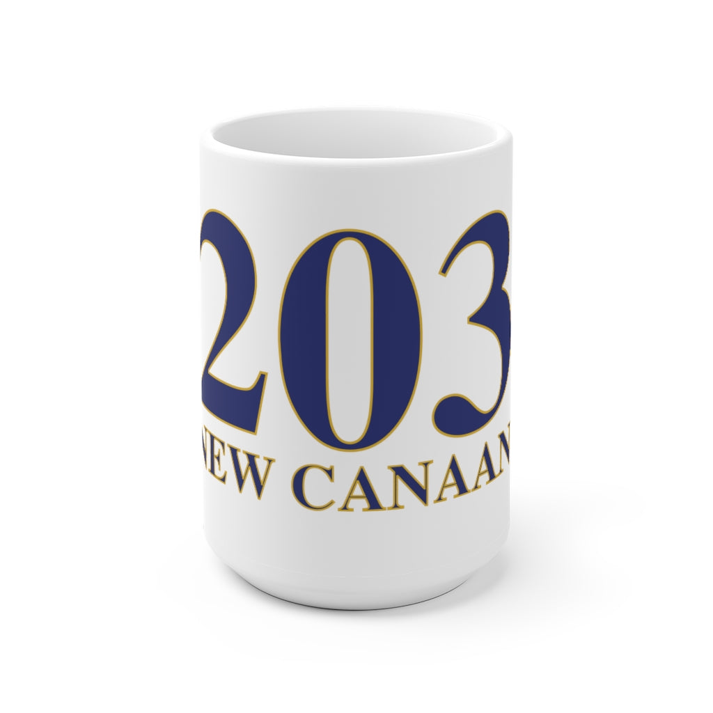 203 New Canaan White Ceramic Mug  The 203 New Canaan Collection. Show off New Canaan and Connecticut at the same time. Colors were inspired by the Connecticut state flag.   Proceeds help build Finding New Canaan and Finding Connecticut's brand.  