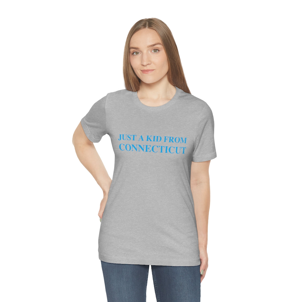 Just a kid from Connecticut Unisex Jersey Short Sleeve Tee - Blue Font