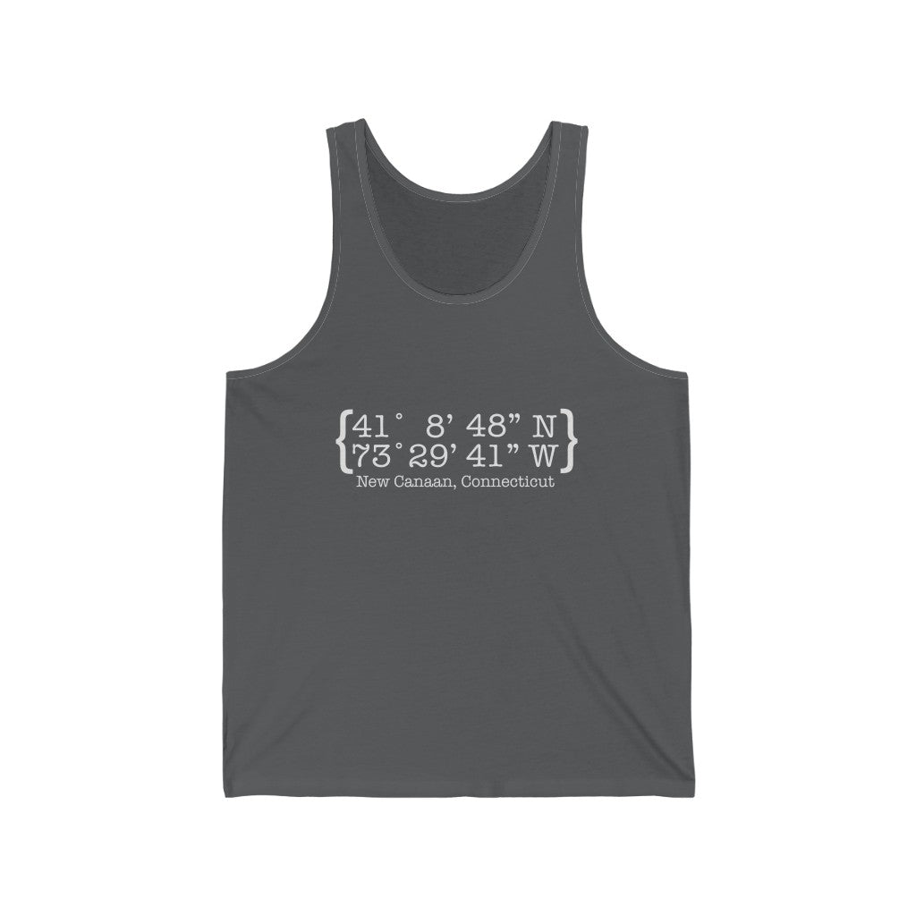 New Canaan Coordinates Unisex Jersey Tank  Does New Canaan, Connecticut always have a special place in your heart. The Coordinates collection marks the spot for the special place you have ties to.   Proceeds helps grow Finding New Canaan and Finding Connecticut's brand grow. 