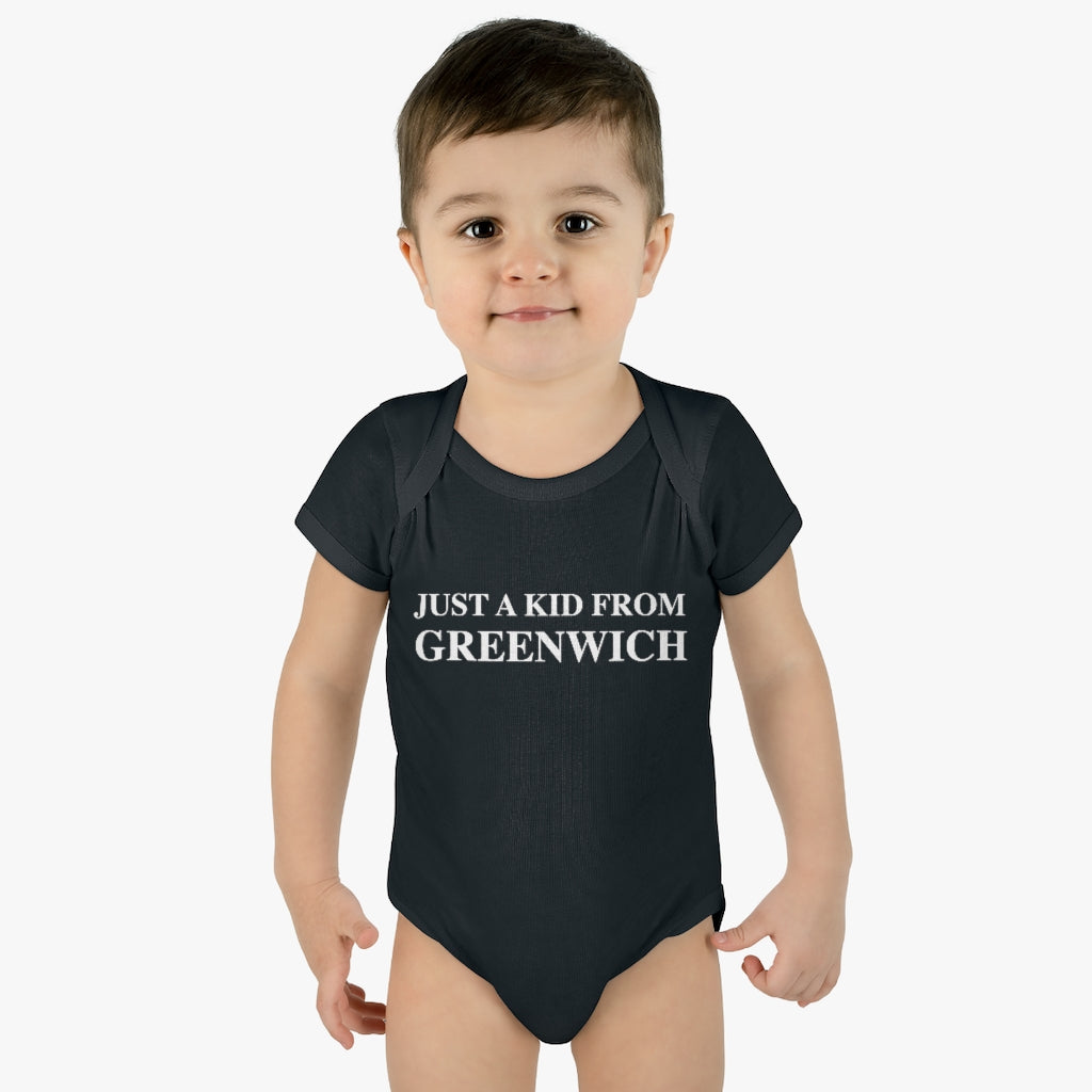 Just a kid from Greenwich Infant Baby Rib Bodysuit