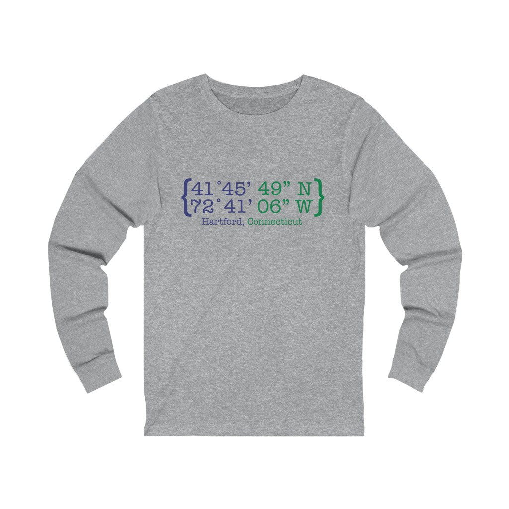 Hartford Coordinates Unisex Jersey Long Sleeve Tee  Proceeds help grow Finding Connecticut's website and brand.   Click here to return to our home page.