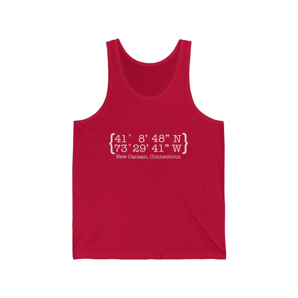 New Canaan Coordinates Unisex Jersey Tank  Does New Canaan, Connecticut always have a special place in your heart. The Coordinates collection marks the spot for the special place you have ties to.   Proceeds helps grow Finding New Canaan and Finding Connecticut's brand grow. 