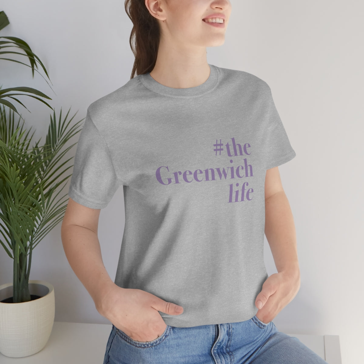 #thegreenwichlife Unisex Jersey Short Sleeve Tee (purple print)