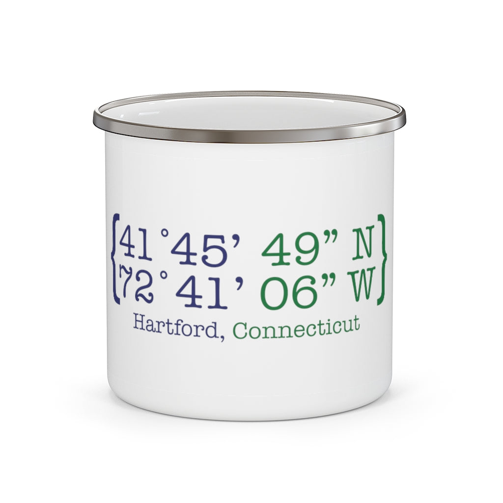 Hartford Coordinates Enamel Camping Mug  Proceeds help grow Finding Connecticut's website and brand.   Click here to return to our home page. 