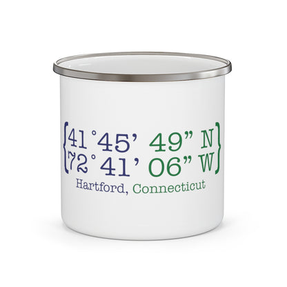 Hartford Coordinates Enamel Camping Mug  Proceeds help grow Finding Connecticut's website and brand.   Click here to return to our home page. 