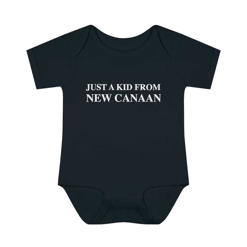  Just a kid from New Canaan Infant Baby Rib Bodysuit  Are you proud to be from New Canaan?  Show the world where you're from New Canaan! Represent New Canaan with this collection!   Proceeds from this collection help grow Finding New Canaan and Finding Connecticut websites and brands. 