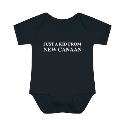  Just a kid from New Canaan Infant Baby Rib Bodysuit  Are you proud to be from New Canaan?  Show the world where you're from New Canaan! Represent New Canaan with this collection!   Proceeds from this collection help grow Finding New Canaan and Finding Connecticut websites and brands. 