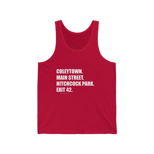 Coleytown. Main Street. Hitchcock Park. Exit 42. Unisex Jersey Tank  How do you say Westport without saying Westport? Westport, Connecticut is filled with unique aspects. Each providing different elements that make up the town from historic to modern traditions.   Proceeds of this collection goes to help build Finding Westport and Finding Connecticut's  brands. 